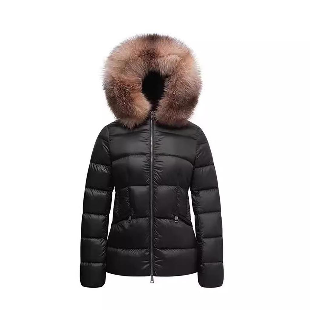 New national standard white duck down short down jacket women's clothing waist jacket fox big fur collar hooded and thin Pinghu black