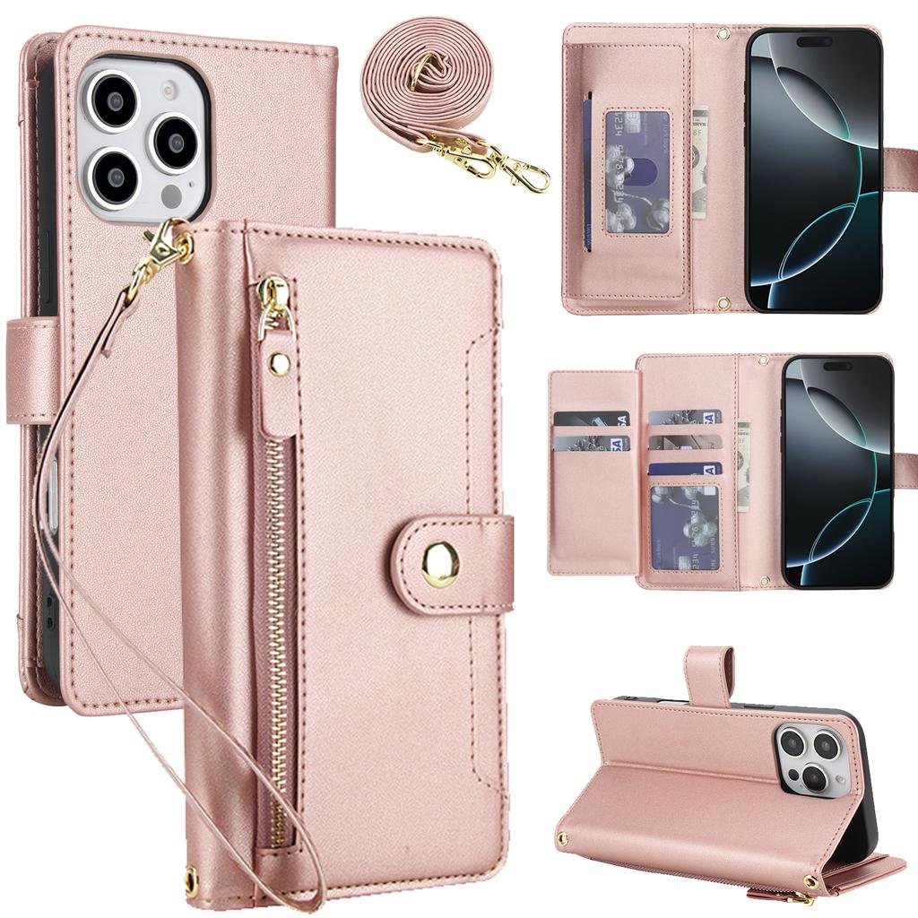 Zipper Leather Wallet Flip Case For iPhone 17 Pro Max 16 15 14 13 12 11 16E 16Plus Luxury RFID Stand Book Long Lanyard Bag Cover