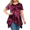 Large Size Fashion Tie-dye V-neck Hem Irregular Short Sleeved Blouse Loose O Neck Floral Top Summer Casual Office Sweet Tops Women's Clothing