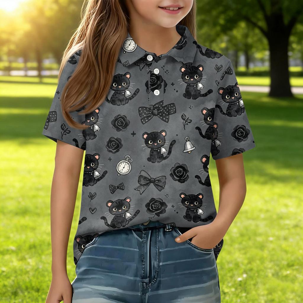 Kids Short Sleeve Polo Shirt Animal Print Casual Tee Button Down Collar Lightweight Summer Top for Boys Girls