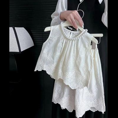 Girls Summer Breathable Set of Small Children In Lace Sleeveless Undershirt + Wide-legged Pants Comfortable Leisure Two-piece Set
