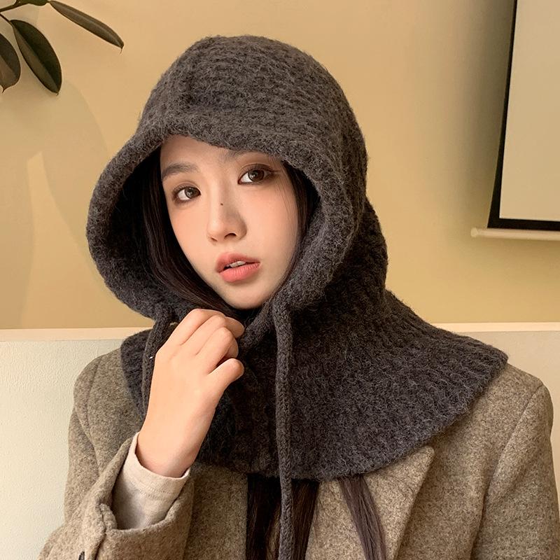 Balaclava Hat with Thickened Warm Scarf In Autumn and Winter Korean Version of Big Head Windproof Ear Protection Wool Hat