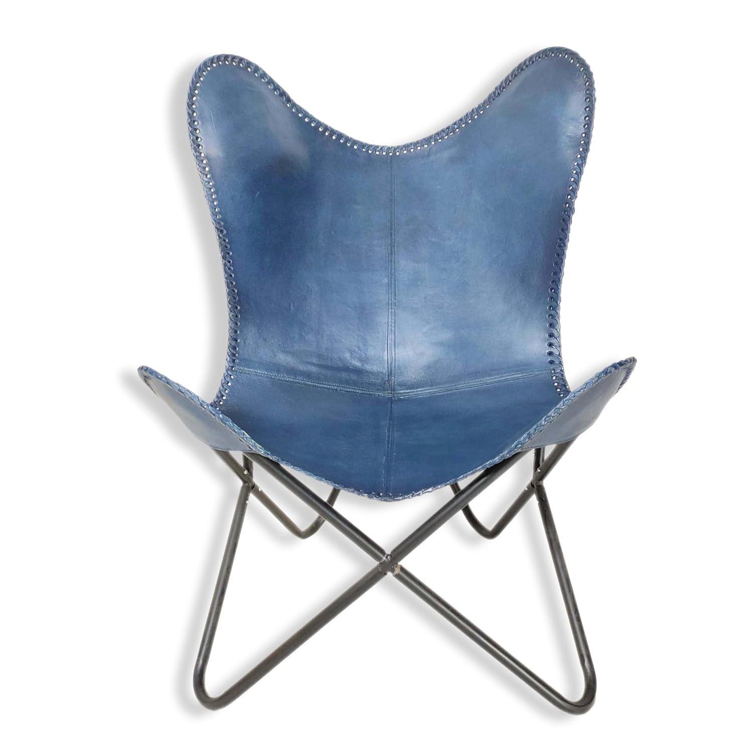 

Relaxing Blue Leather Living Room Armchair-Butterfly Chair Blue Leather Butterfly Chair-Handmade with Black Powder Coated Folding Iron Frame