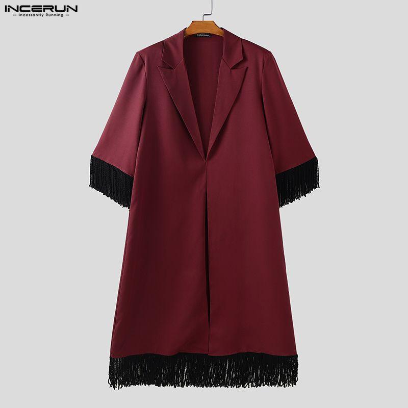 INCERUN Men Lapel Neck Long Sleeve Open Front Tassel Long Blazer Coats