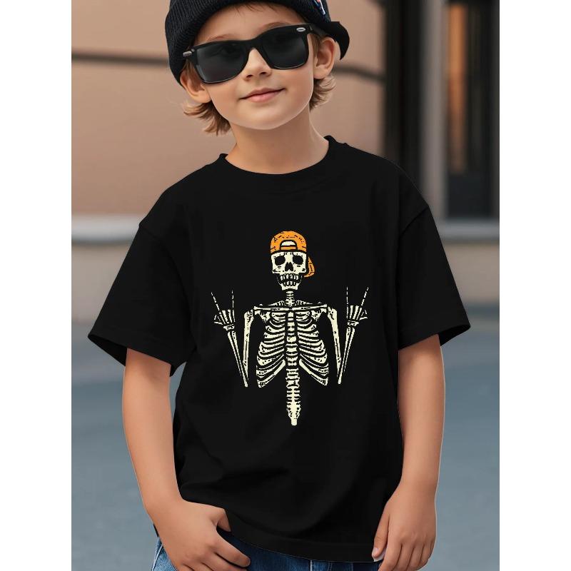 European sizes Boys Punk Rock Skull Graphic T-Shirt- Black with Orange Accents, Short Sleeve Crew Neck Casual Top