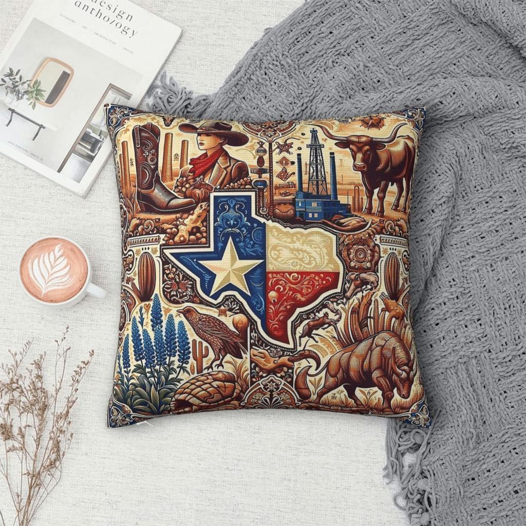 Vintage Texas Lone Star Quadratische Kissenhülle Polyester Leinen Samt Bedruckt Reißverschluss Dekorative Kissenhülle Auto Kissenbezug