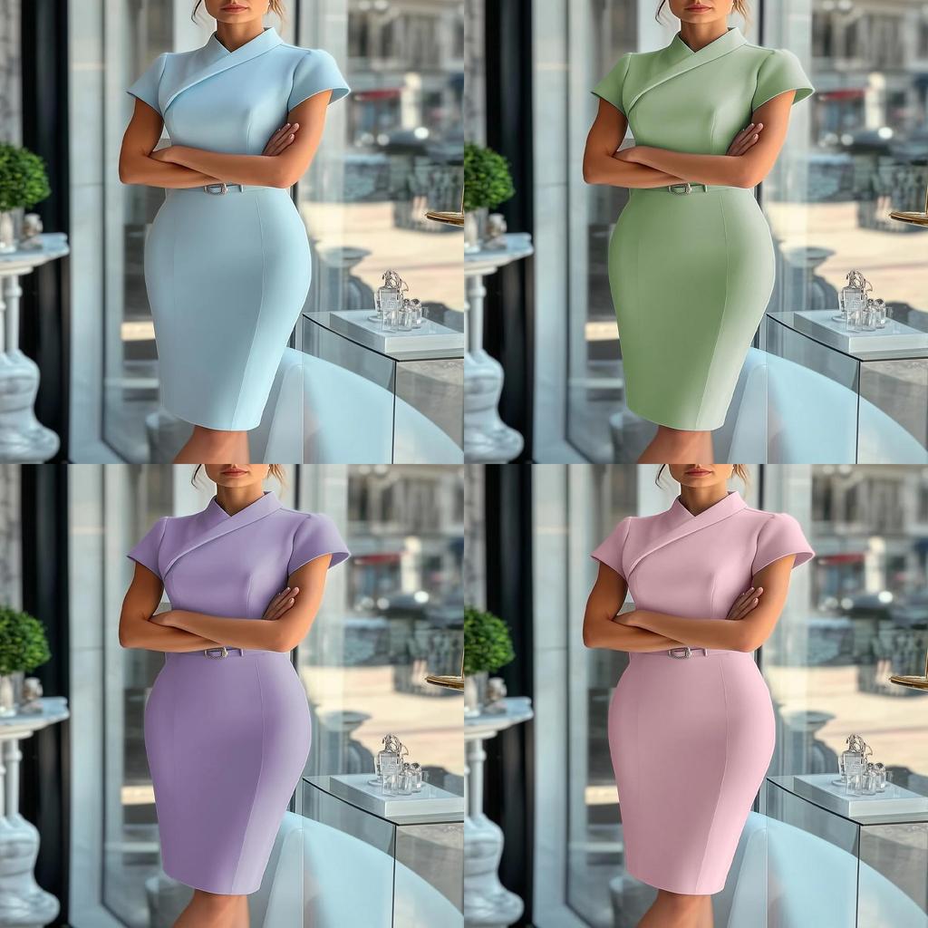 Packable Blue Polyester Bodycon Dress With Notch Collar For Office And Casual Wear