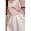 Embroidered Lotus Leaf Edge Half Sleeve Cotton and Linen A-line Skirt Two-piece Set