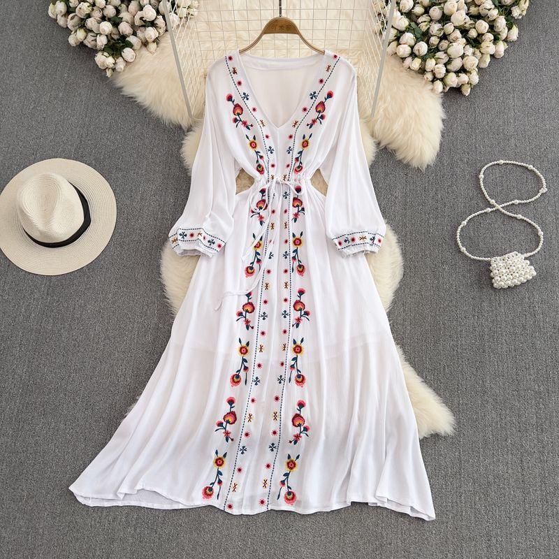 

Waist-Controlled Lace-up A- line Elegance Seaside Holiday Beach Dress White All yards