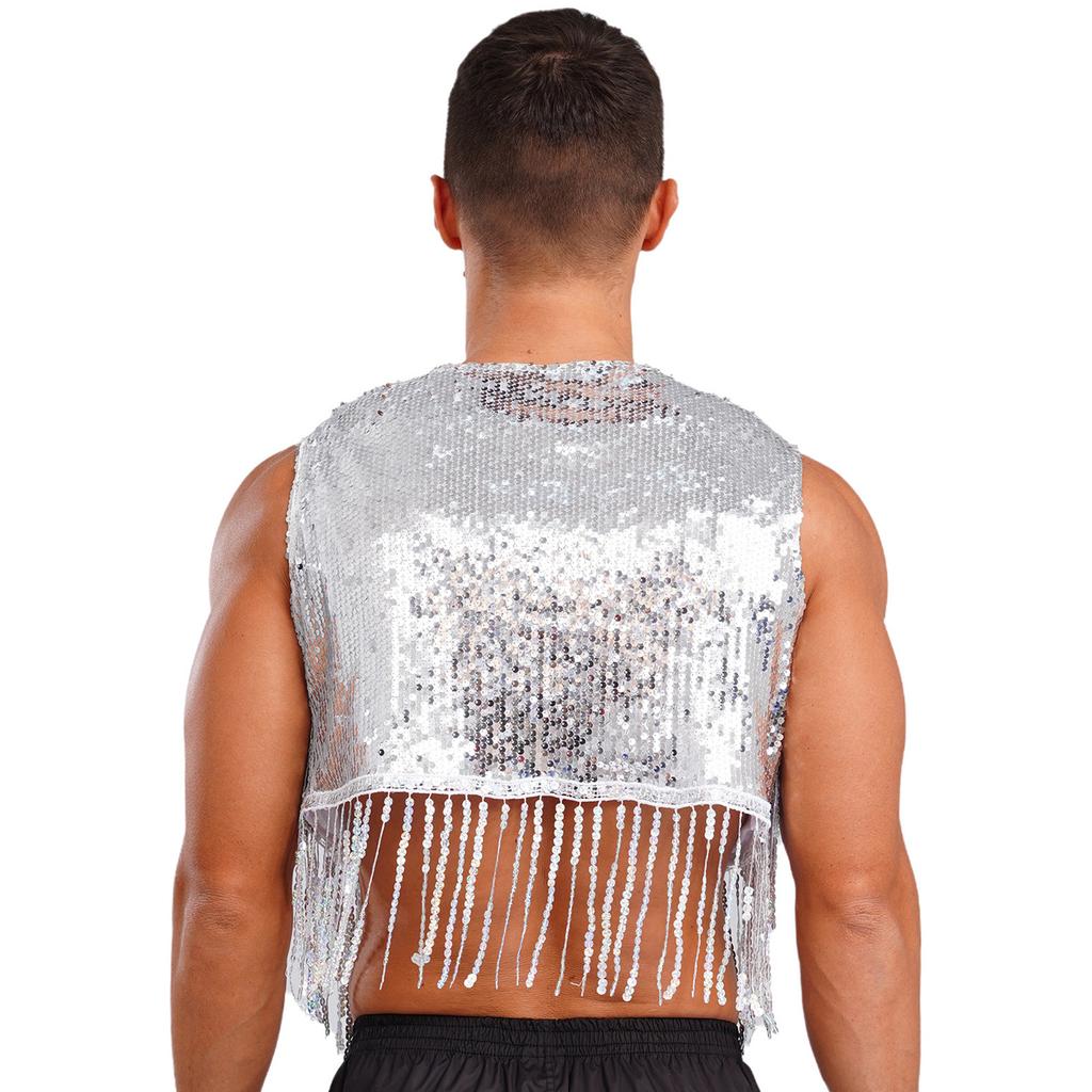 Mens Shiny Sequin Cowboy Vest Tops Open Front Sleeveless Tassels Cardigan