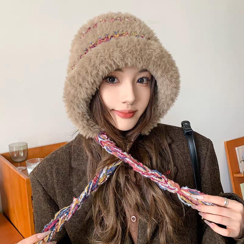 Autumn and winter rainbow candy beans plush wool hat women's plush hat thickened bag head, ear protection hat, warm knitted hat
