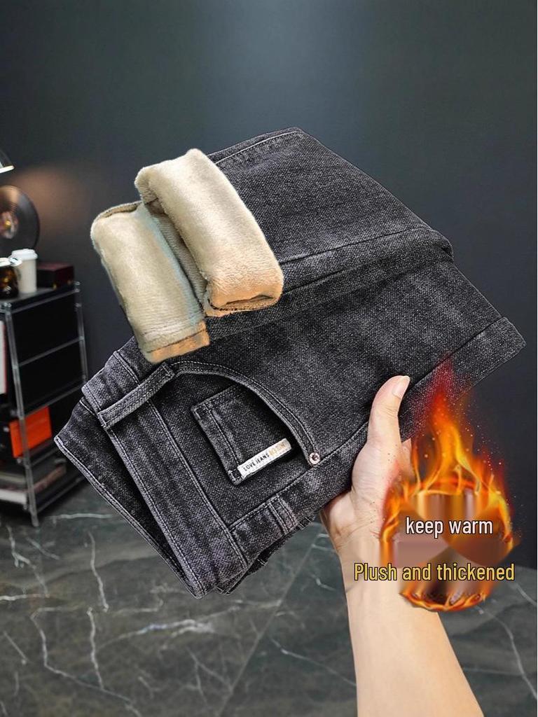 Men's Thickened Fleece-Lined Slim-Fit Stretch Jeans - Trendy, Warm, Versatile, Casual Straight-Leg Pants