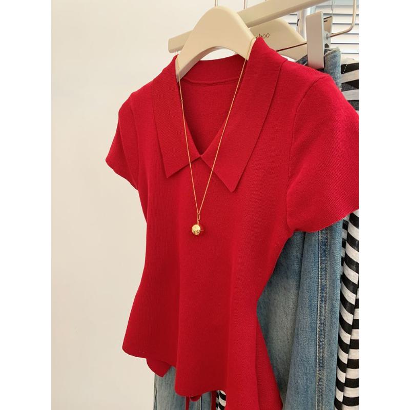 Hollow Back Red Knitted Short-sleeved T-shirt Women s Short Dopamine Design Top New Style Onesize красный