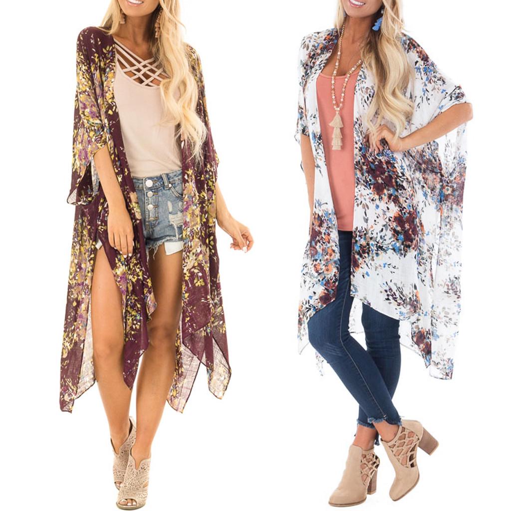 

Womens Printing Middle Sleeve Cardigan Long Smock Blouse Tops