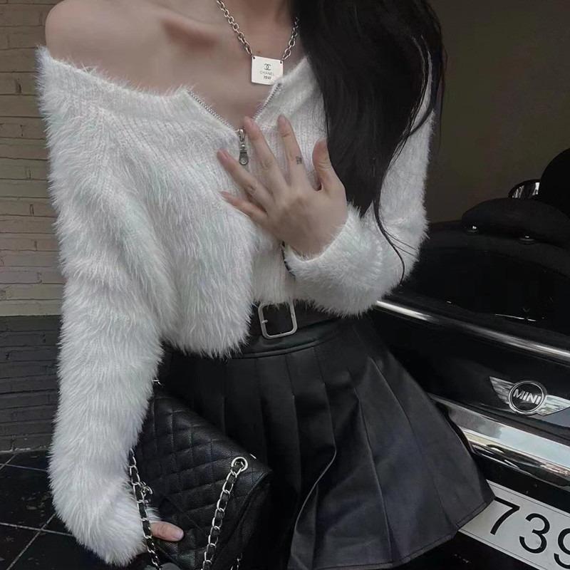 Herbst Winter Reißverschluss Rundhals Crop Pullover Langarm Mode Damen Lässige Strickjacke Kurze Strickjacke Slim Fit Elegant Streetwear Uni Kleidung