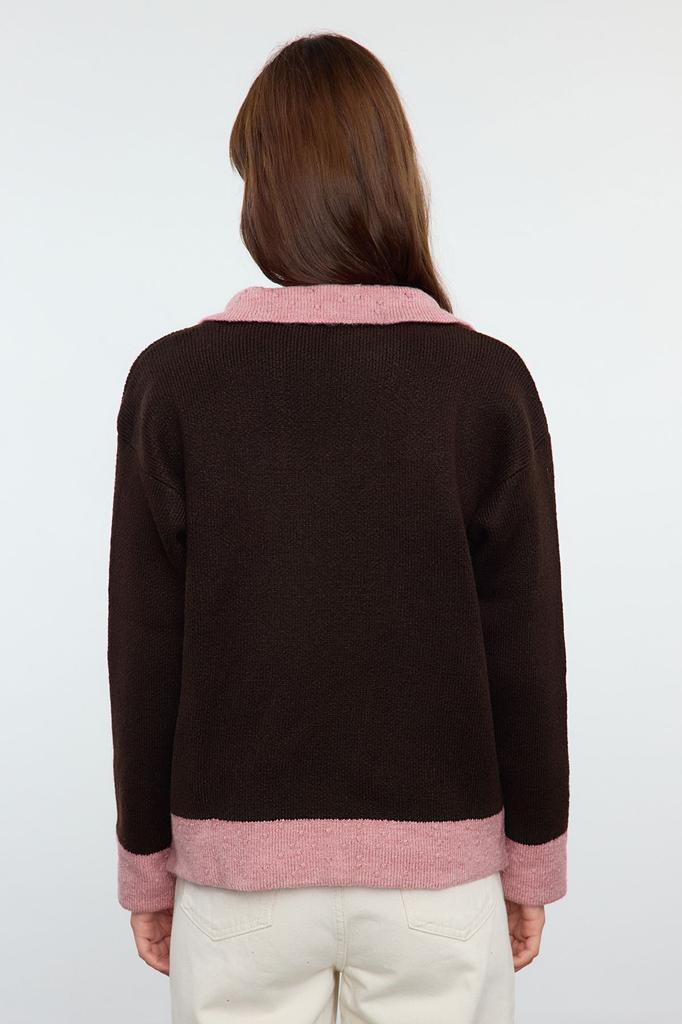 Women's Elegance Style Sweater Brown Soft Textured Color Blocked Knitwear Sweater