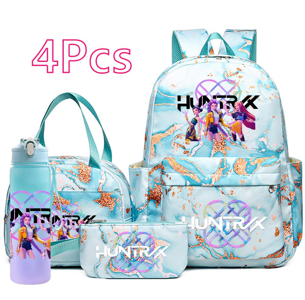 4Pcs/set Cartoon K-Pop Printed Large Capacity Backpack Handbag Pencil Case with 750Ml Water Bottler for Teenager Boy Girl Schoolbag Bookbag Kid Gift