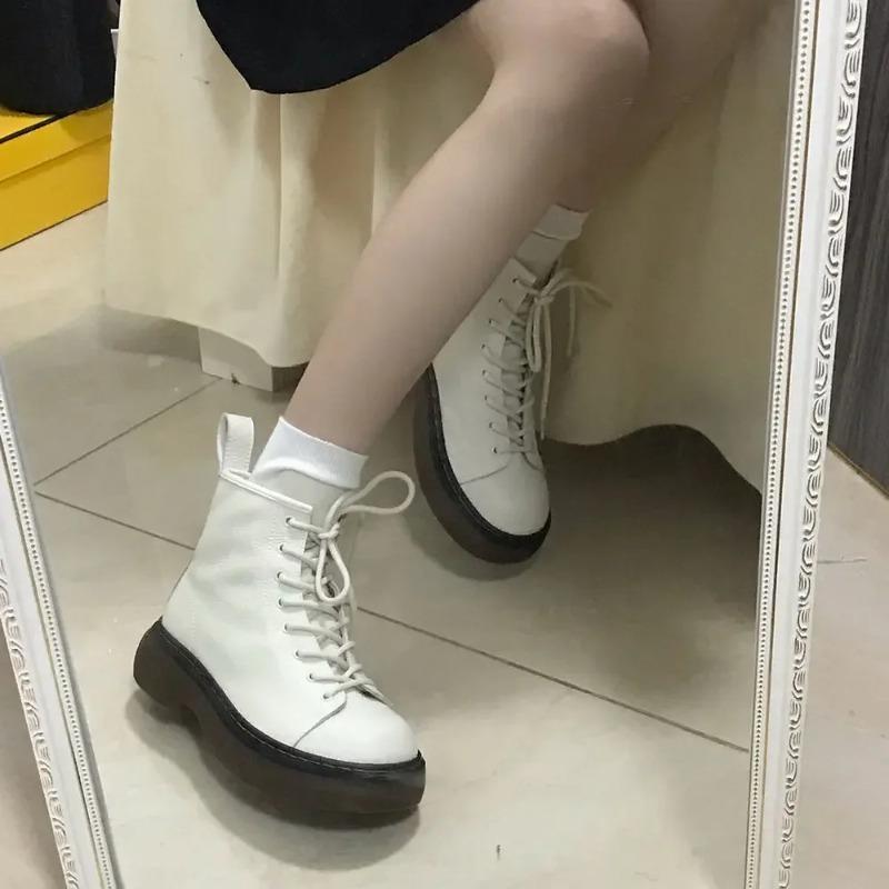 Booties with Laces Short Shoes for Women White Lace-up Footwear Biker Female Ankle Boots Round Toe Spring 2025 On Promotion Goth