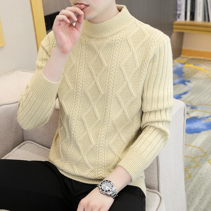 Autumn and Winter New Men's Clothing Student Thickened Twisted Korean Version Pullover Semi-turtleneck Knitted Sweater