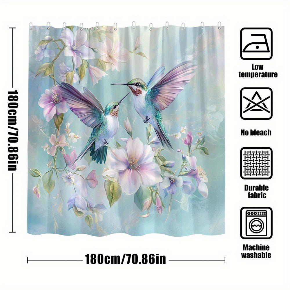 1 Stück Skurriler Kolibri & Blumiger Duschvorhang - Schillernd Grün, Blau, Lila Vögel Mit Pastellrosa, Lila, Weißen Blumen