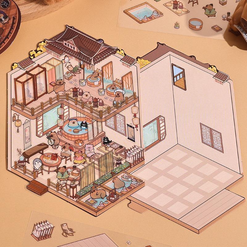 Cartoon Capybara Landscape Sticker Kawaii 3D Miniature Scene DIY Cabin Scene Visual Stacking Pasting Sticker Gift for