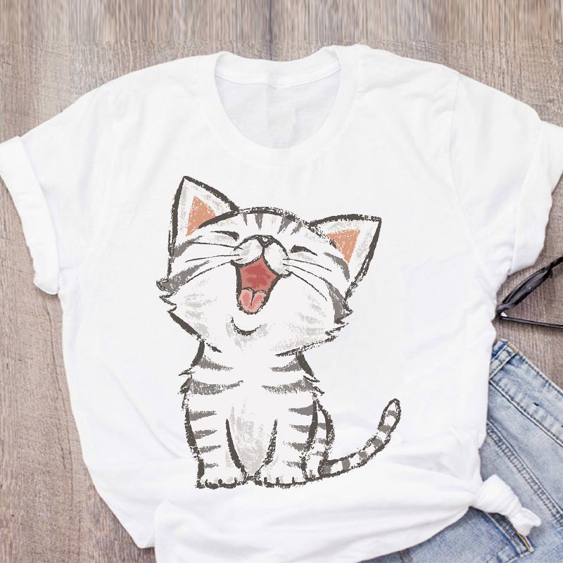 Cat Coffee Paw Strawberry Women's T-Shirts Cute Cartoon Top Female T Shirt Summer Funny Clothes O-Neck Ladies Tee Tops Shirts