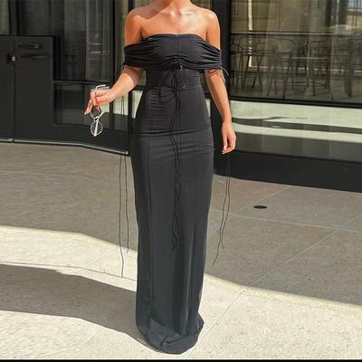 Spring Socialite Quality Sexy Slim One Line Shoulder Pleated Lace-up Dress Women's Dress