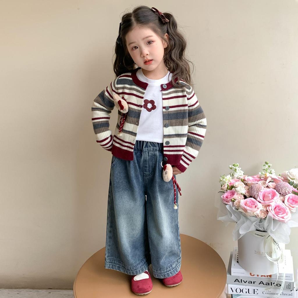Girls' Korean Striped Cardigan & Baby Jeans Autumn Set 2025