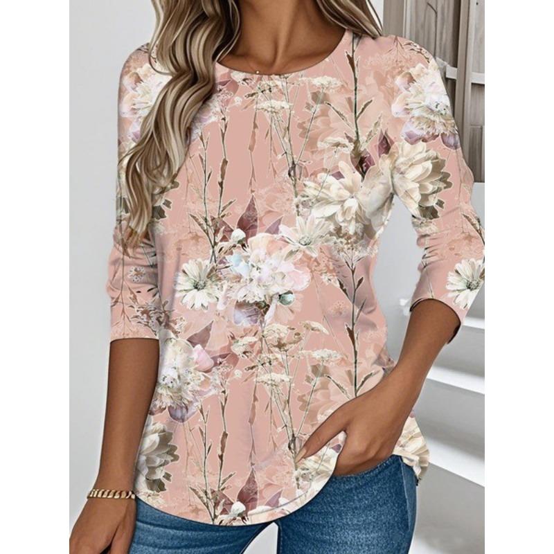 Women's 3D Printed Flower Crew Neck Casual Stylish Long Sleeve T-Shirt