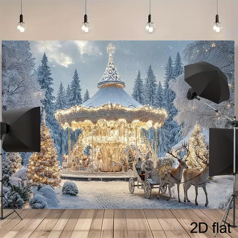 2D Winter Christmas Carousel Wall Tapestry, Snowy Forest Reindeer Backdrop 47.2x31.5inch/120*80cm