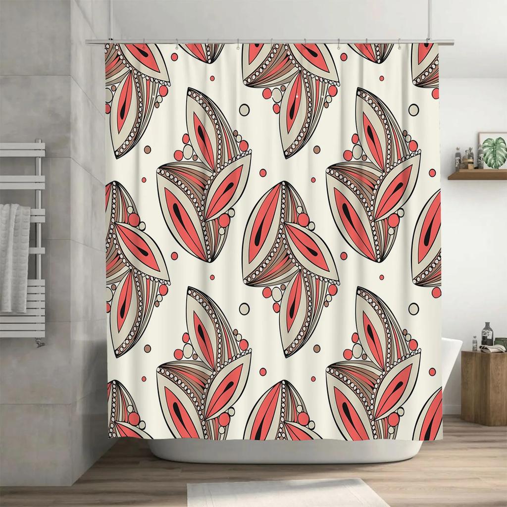 Abstract Geometric Patterns Bath Shower Curtain 3D Printed Polyester Fabric with Hooks for Bathroom Decorations In Coral White
