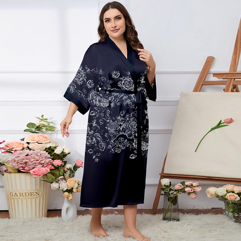 Übergröße Satin Sommer Pyjama & Bademantel Set für Damen - Leichter Luxus Eisseide