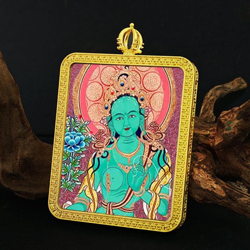 Zodiac Cinnabar Thangka Pendant - Eight Guardian Deities Amulet Box (Samantabhadra & Manjushri)