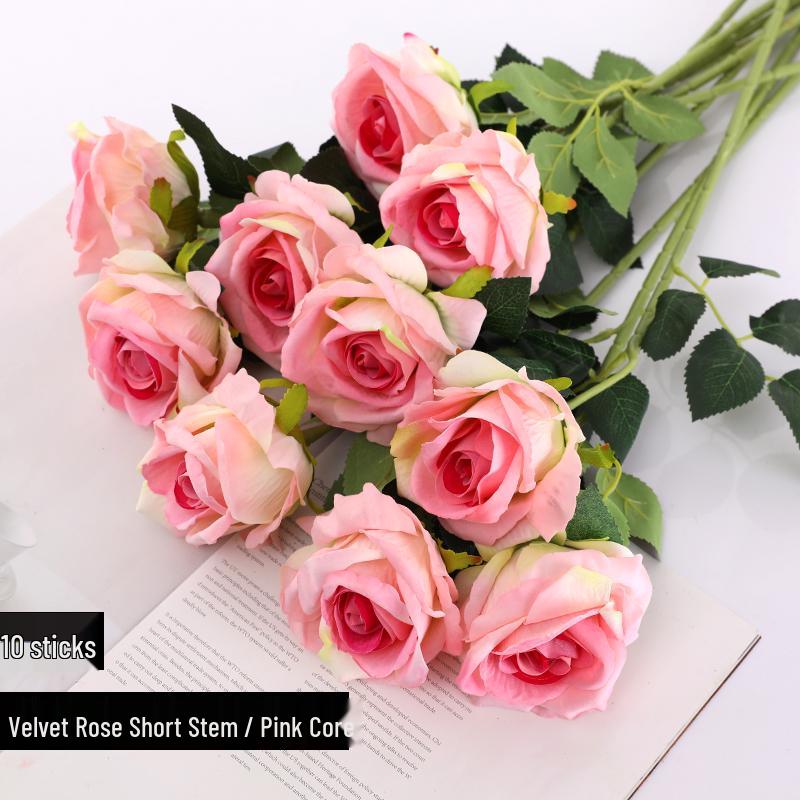 Red Velvet Rose Artificial Flowers - 10 Long Stems for Living Room or TV Cabinet Decor