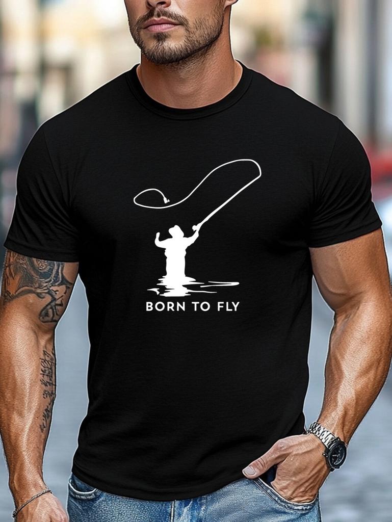 Men's Summer Fun Fishing Pattern T-Shirt Minimalist Solid Color Short Sleeve Top Fashion Versatile Skin Friendly Men's Clothing