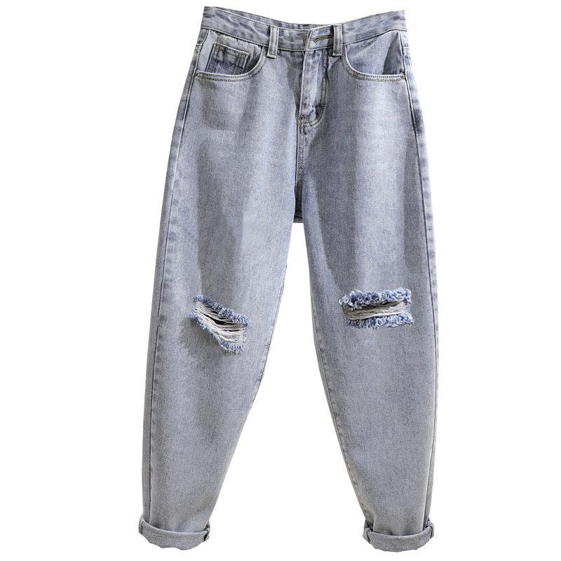 Women's Light Color High Waist Ripped Harem Jeans - Korean Style, Loose Nine-Point Fit, Autumn 2021