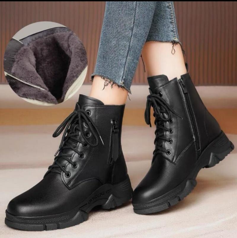 

Женские зимние ботинки из натуральной кожи 2024 года, новые нескользящие женские зимние ботинки на плоской подошве, модные теплые женские ботинки из натуральной шерсти 39