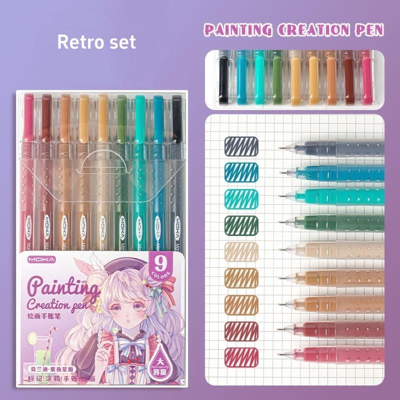 9pcs Romantic Multi Color Pens Set Gel Ink Vintage Marker Liner 0.5mm Ballpoint Stationery Gift