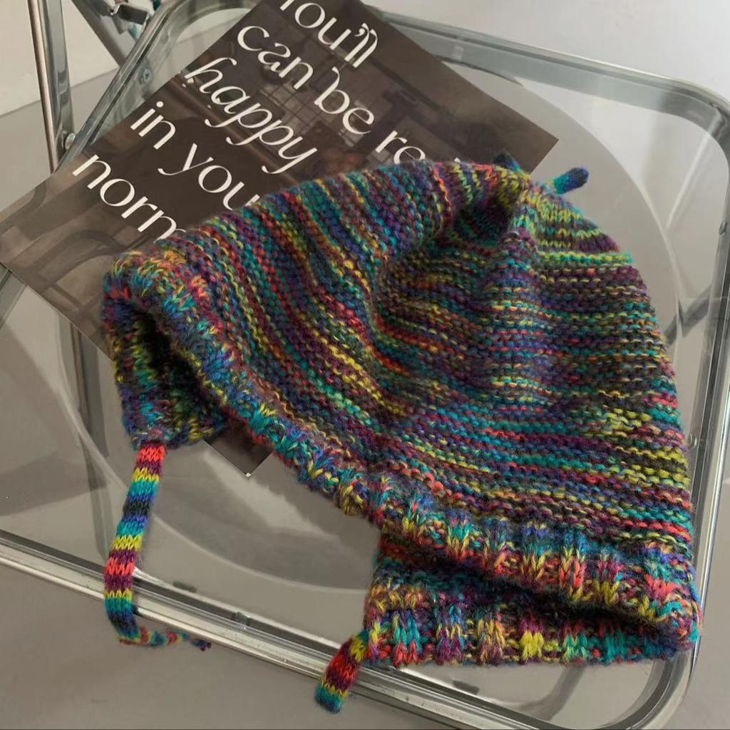 Color wool hat female cute loli pullover strap warm knitted headgear mixed color ear protection hat
