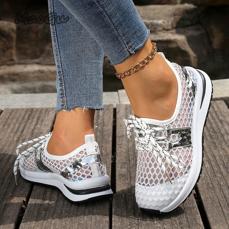 Fashion Hollow Mesh Breathable Sneakers for Women 2025 Summer Lightweight Slip On Sports Shoes Woman Plus Size Fashion Platform Sneakers