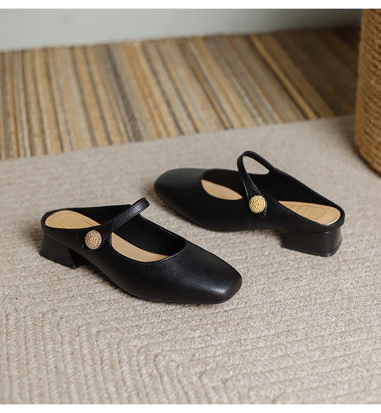 Genuine Leather Women's Chunky Heel Pointed Toe Slippers - Versatile French Style for Spring/Summer