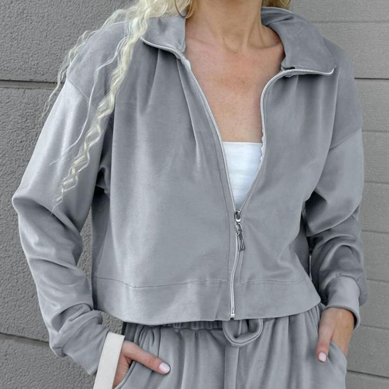 Elegant Velvet Long Pants Sets Women Laple Zipper Long Sleeve Coat Lace Up Wide Leg Pant Female Sets Autumn Lady Outfits