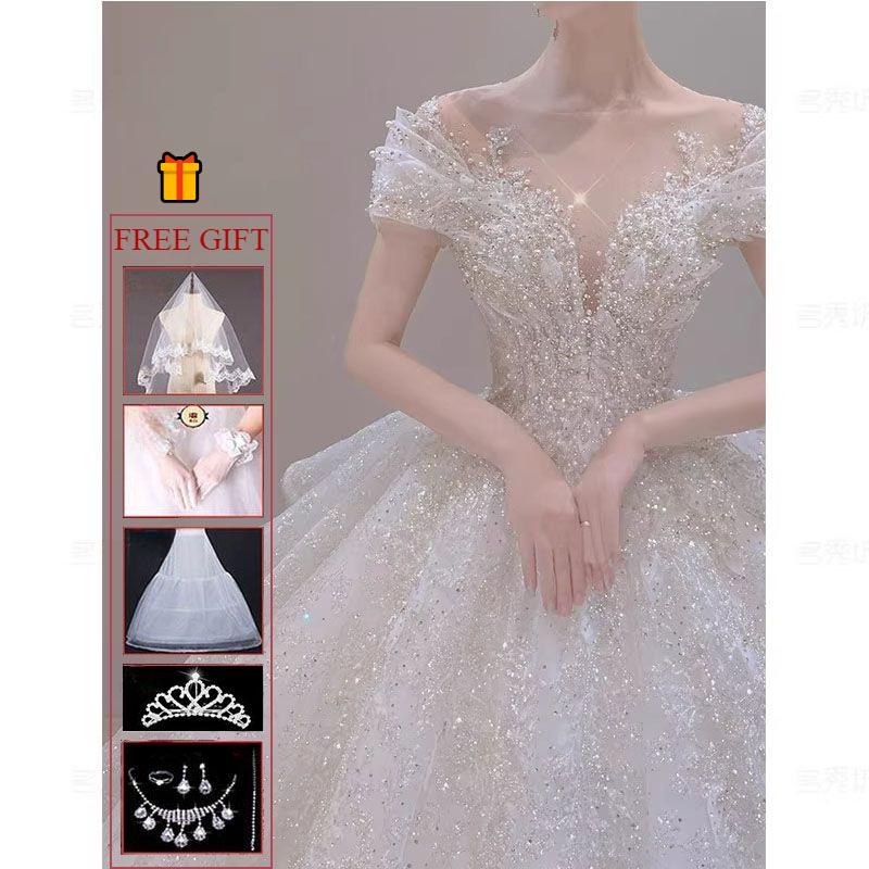 

Strapless Cathedral Wedding Dress - Luxe Starry Bridal Gown with Heavy Embroidery, Princess Ball Gown 3XL