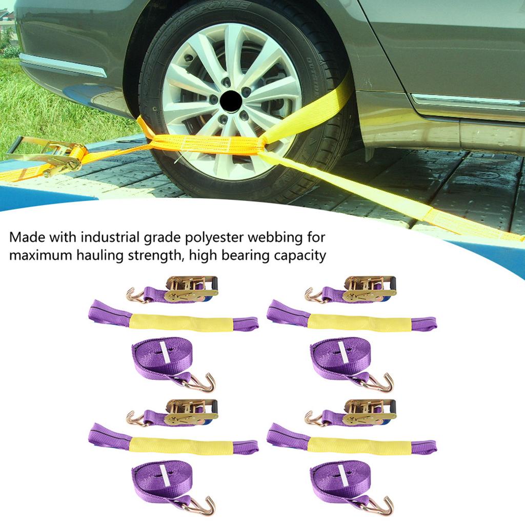 Professional Ratchet Recovery Straps Trailer Tie Down Alloy Wheel Straps Set Yellow