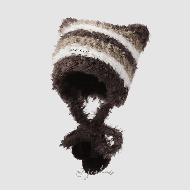 

Fashion Cat Ear Women Knitted Hat Contrast Stripe Winter Beanies Cap Thick Warm Ear Protection Pullover Hat Y2k Autumn Winter Hats Cute Gifts