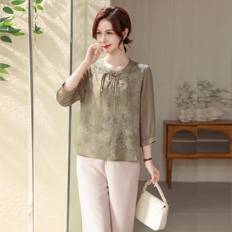 2026 New Summer Chiffon Blouse: Elegant Seven-Sleeve Top for Middle-aged Mothers 2XL [120-135 lbs]