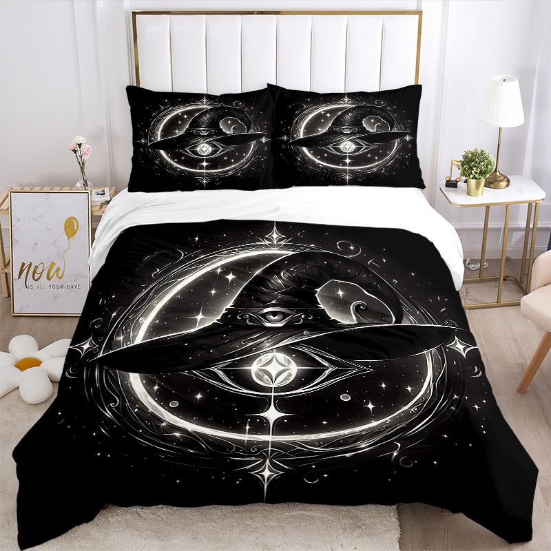 3pcs Witch's Hat Illuminated by Stars and Moonlight Bedding Set - Includes 1 Quilt Cover and 2 Pillowcases, Comfortable Bedding with Stylish Desi