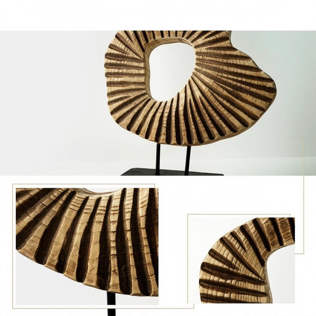 Resin Circular Form Sculpture WoodLook Abstract with Base Carved Statue Ebony