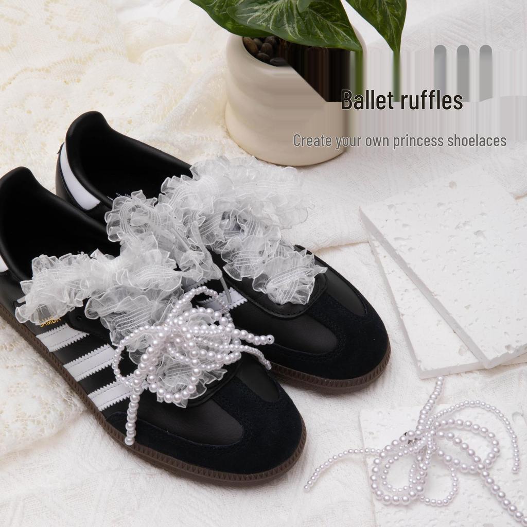 Ballet-Inspired Pearl Bow Lace Frill Shoelaces for T-Toe Training Shoes
