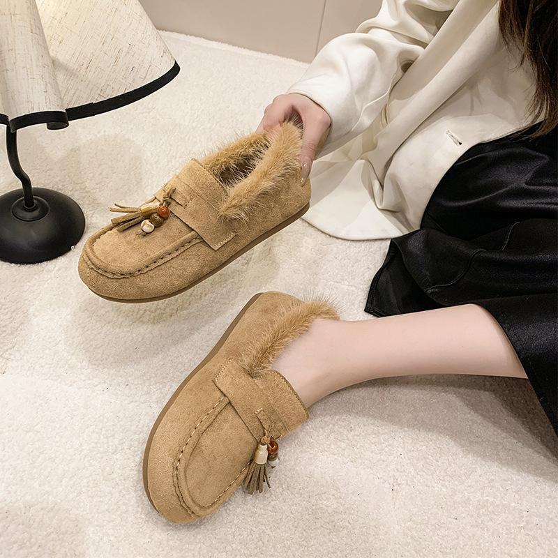 Boken shoes women's 2025 autumn new soft-soled suede one-pedal loafers beaded tassel fashion versatile cotton shoes